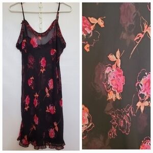 CAMISOLE SLIP DRESS FLORAL SHEER SPAGHETTI STRAP RUFFLE BLACK PINK WOMEN (S)